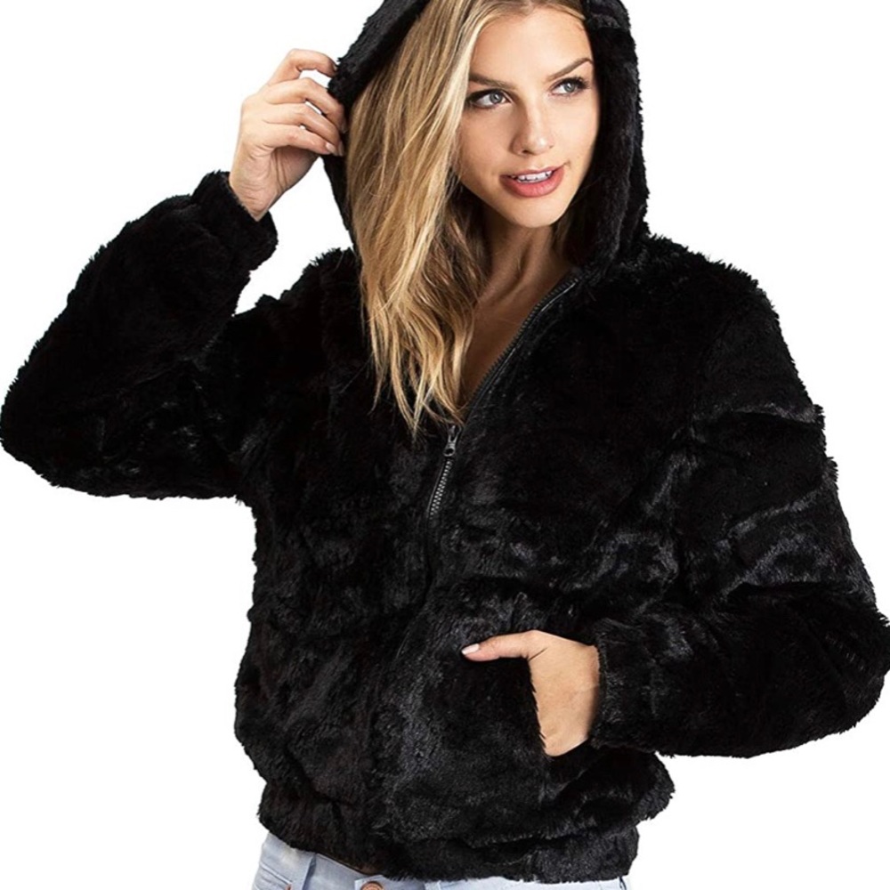 Hooded faux fur bomber jacket by: Ambiance - Picture 2 of 16